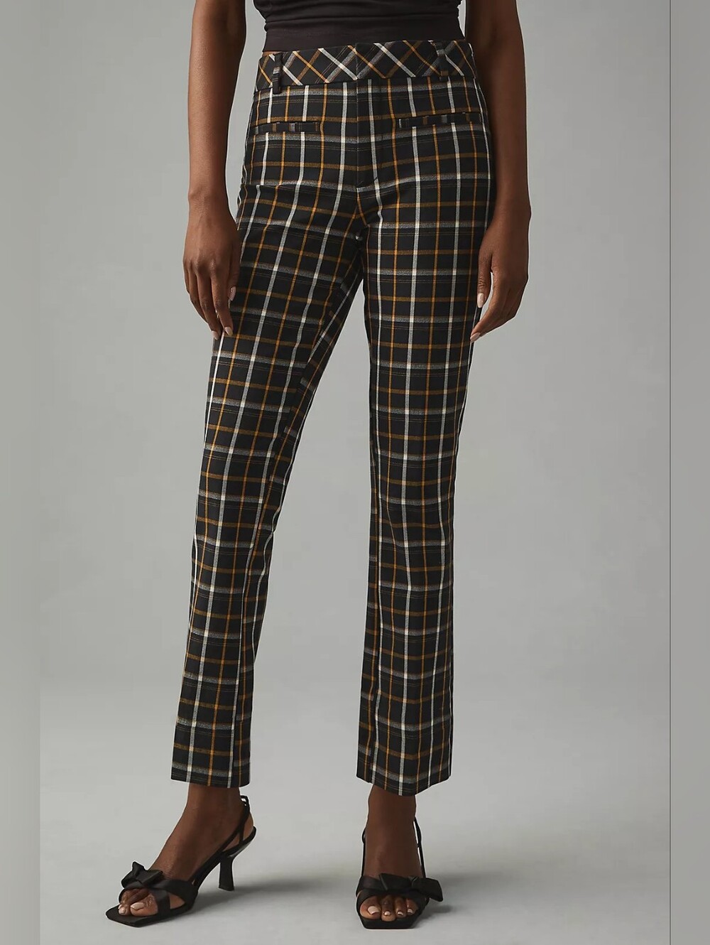 Anthropologie Essential Black Orange Plaid Slim Kick Flare Trouser Pants Size 6